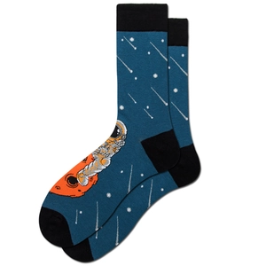 Detail of dark blue crew socks with astronaut space print and reinforced black heel and toe