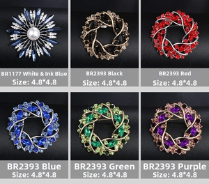 Detailed grid of fashion acrylic brooches with colorful gemstones and pearls in alloy base