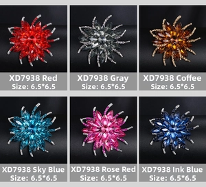 Detailed grid showing 6.5cm crystal flower brooches in multiple vibrant colors