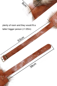 Brown PU leather medieval shoulder armor belt with faux fur trim and size measurements