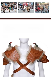 Close-up of brown medieval Viking PU leather pauldrons with faux fur and cross strap details