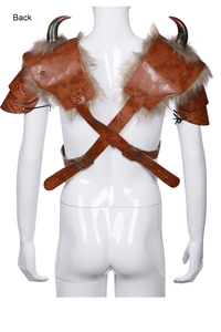 Back view of brown PU leather Viking shoulder armor with faux fur and adjustable straps