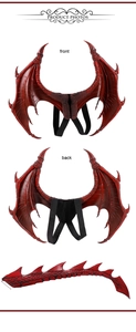 Detail view of red dragon wings and long tail costume with elastic straps for kids
