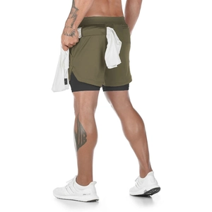 Olive green 2-in-1 athletic shorts featuring a functional rear waist towel loop detail