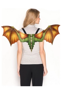 Detail view of dragon wings with green scale texture and orange gradient membranes