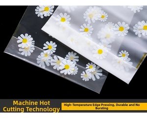 Detail showing machine-cut edges and heat-pressed seams on daisy drawstring plastic bags