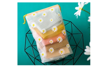 Detail of daisy pattern translucent PE drawstring bag used for socks storage