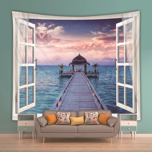3D Bohemian seascape wall tapestry with coastal window view for home decor