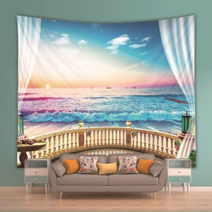 Detail of 3D window sea view tapestry showing ocean sunset and balcony scenery