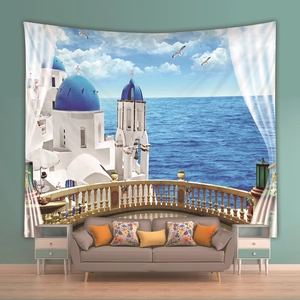 Detailed close-up of Bohemian tapestry featuring a scenic Santorini sea view and blue dome