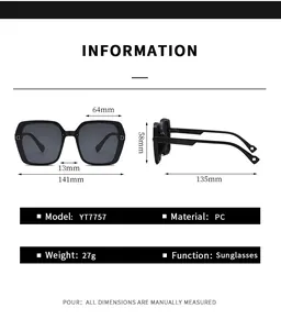 Size chart showing 64mm lens width and PC frame dimensions for oversized sunglasses