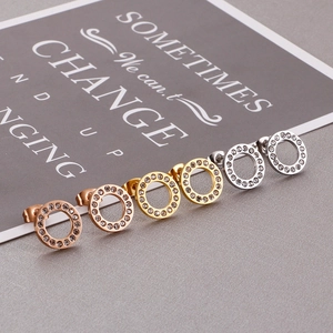 Three-pair set of polished stainless steel hoop earrings with pavé crystals in rose gold, gold and silver