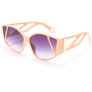 Avant-garde cat eye sunglasses with beige geometric frames and purple gradient lenses