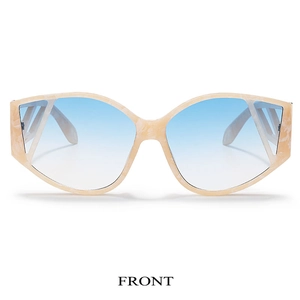 Front view of beige marble frame sunglasses with blue gradient lenses for women