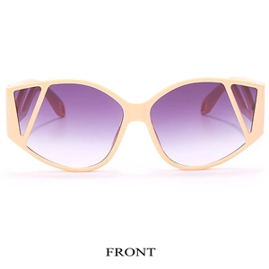 Front view of avant-garde cream white cat-eye sunglasses with purple gradient lenses