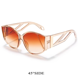 Detail view of champagne cat-eye sunglasses with gradient lenses and hollow geometric temples