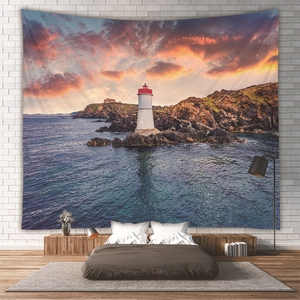Wandteppich mit Leuchtturm und Meeresuntergang für Wohnzimmer und Strandhaus Deko