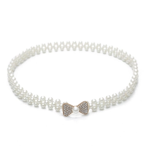 Elegant double-layered pearl waist chain with a sparkling rhinestone metal bow for dresses