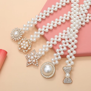 Elegant pearl waist chain with sparkling rhinestones and golden floral buckle for dresses