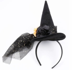 Close-up of Halloween wizard hat headband with orange flowers and gold star mesh veil