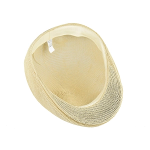 Detail view of beige polyester flat cap interior showing XL size tag and sweatband