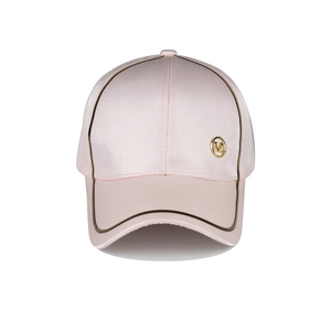 Detail of pink satin baseball cap with metallic M logo and gold trim accents