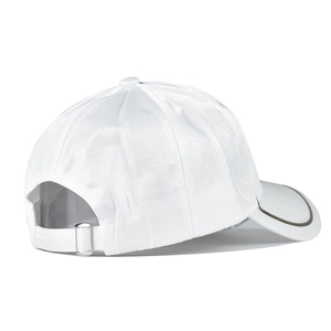 Detail of adjustable silver buckle and contrast binding on white baseball cap back