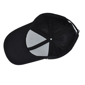 Internal structure of black baseball cap showing breathable mesh and metal adjustment buckle