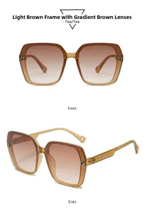 Detail view of large square tea sunglasses with metal D-shape hinge and side hollow patterns
