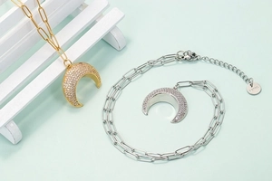 Minimalist stainless steel crescent moon pendant necklace with zircon stones in gold and silver