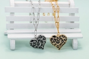 18K gold plated heart pendant necklace with leopard print on a paperclip chain