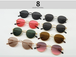 Flat lay display showing 8 color options of retro round metal frame sunglasses in high detail