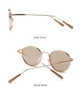 Detail view showing side and back of retro round metal sunglasses with rose gold frames