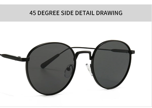 Detailed side view of vintage round sunglasses with black metal frame and dark lenses