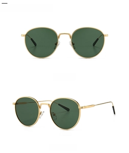 Front and 45-degree side view of vintage round sunglasses with gold metal frames and green lenses