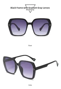 Close-up of black square sunglasses with glitter detail and golden D-logo hinge