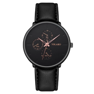 Montre à quartz noire pour homme avec bracelet en cuir et index en or rose élégant