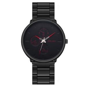 YOLAKO Men's black stainless steel chronograph watch with red hands and triple sub-dials