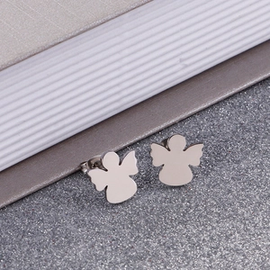 Minimalist silver angel stud earrings in polished stainless steel for women fashion
