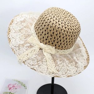 Elegant Sun Straw Hat Wide Brim Lace Bow French Vintage Breathable Wheat Straw Outdoor UV Protection For Women And Kids