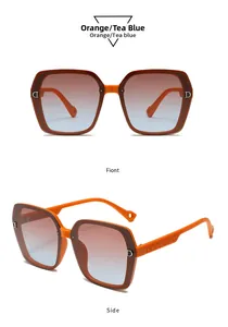 Detail of orange square sunglasses showing front and side views with metal D decoration