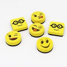 Set of yellow emoji whiteboard erasers with magnetic backing in various shapes
