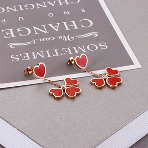 Red heart clover earrings in rose gold finish with white zircon accent for women