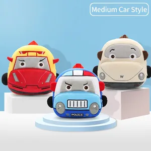 Three plush cartoon car backpacks for toddlers featuring colorful red, blue, and cream designs