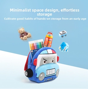 Detail view of cartoon police car plush backpack with 3D wheels and stationery pockets