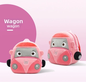 Detailed views of a pink plush car-shaped backpack for toddlers with soft wheels and embroidery