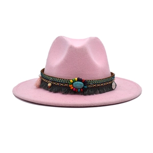Pink vintage felt fedora hat with bohemian beaded band and turquoise stone detail