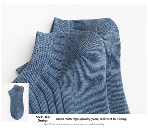 Detail view of reinforced heel construction and rib knitting on men's cotton ankle socks
