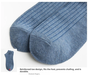 Detail of blue cotton ankle socks featuring vertical ribbing and reinforced toe seams