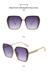 Detail of beige oversized sunglasses featuring glitter side panels and a metal D logo